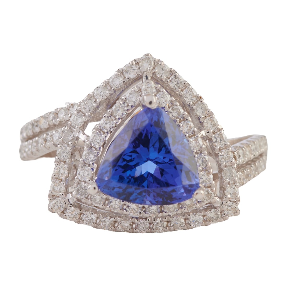 Tanzanite, Diamond, 14k White Gold Ring. Featuring one triangular-cut diamond weighing approximately: Tanzanite, Diamond, 14k White Gold Ring. Featuring one triangular-cut diamond weighing approximately 1.90 ct., accented by eighty-one full-cut diamonds weighing a total of approximately 0.35 cttw., se