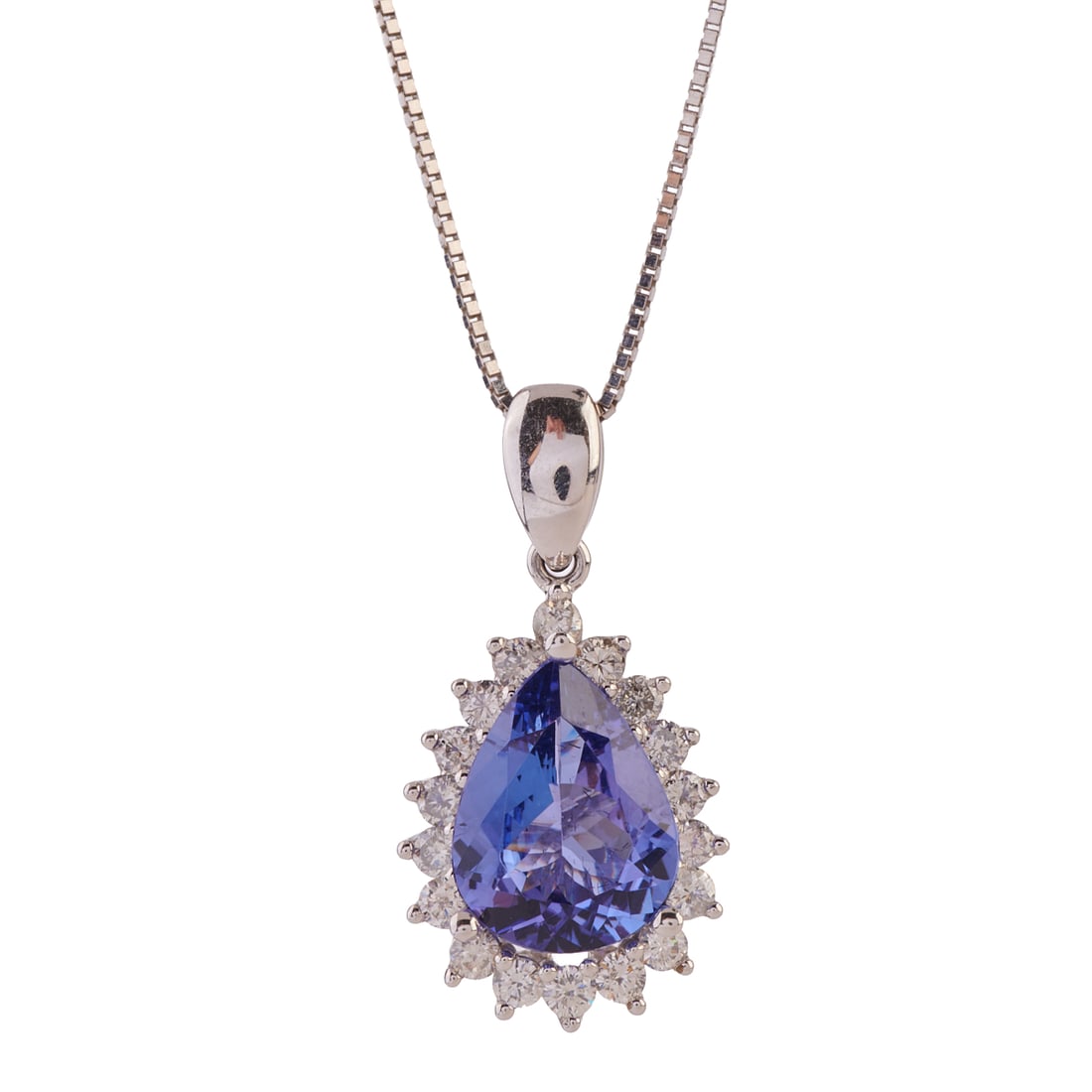 Tanzanite, Diamond, 14k White Gold Pendant Necklace. Featuring one pear-cut tanzanite weighing (1 of 5)