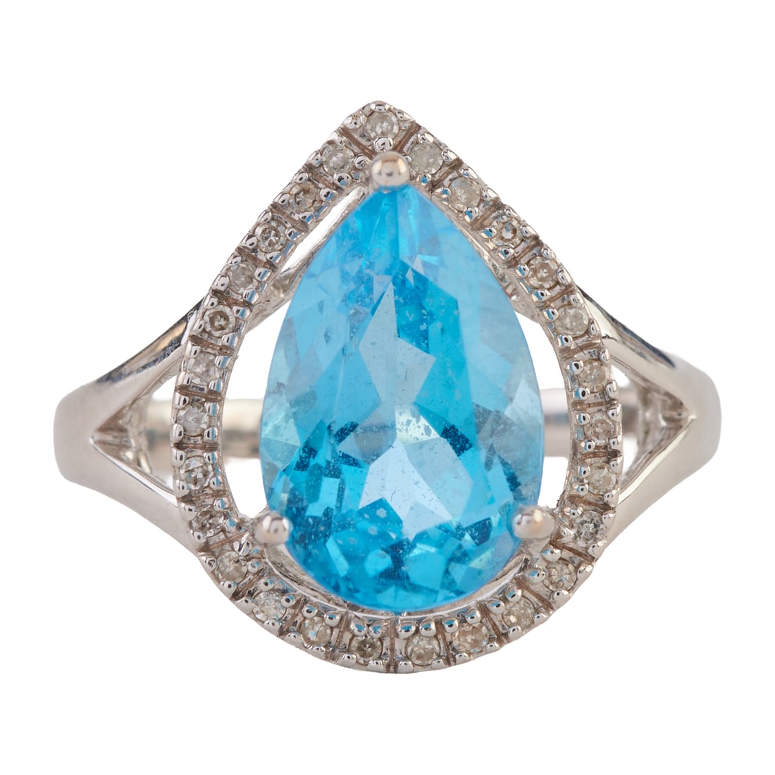 Blue Topaz, Diamond, 14k White Gold Ring. Featuring one pear-cut blue topaz weighing approximately: Blue Topaz, Diamond, 14k White Gold Ring. Featuring one pear-cut blue topaz weighing approximately 3.50 cts., accented by single-cut diamonds, set in a 14k white gold mounting. {Size: 7, Gross Weight: