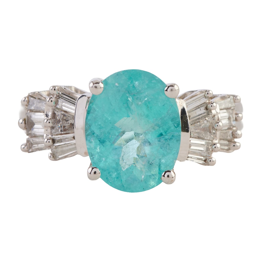 Paraiba Colored Tourmaline, Diamond, 14k White Gold Ring. Featuring one oval shaped, faceted-top (1 of 4)