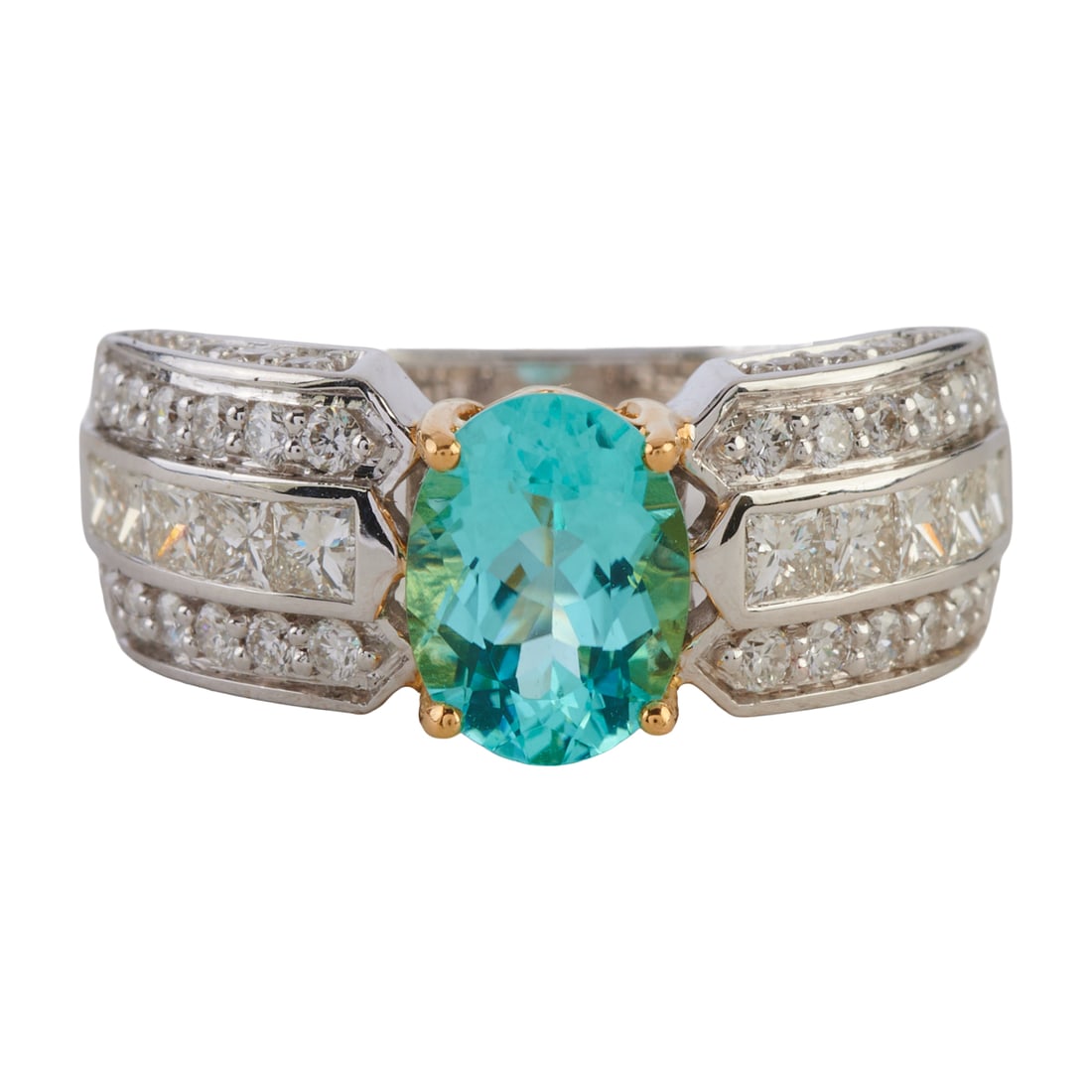 Blue Topaz, Diamond, 18k Yellow and White Gold Ring. Featuring one oval-cut blue topaz weighing (1 of 4)