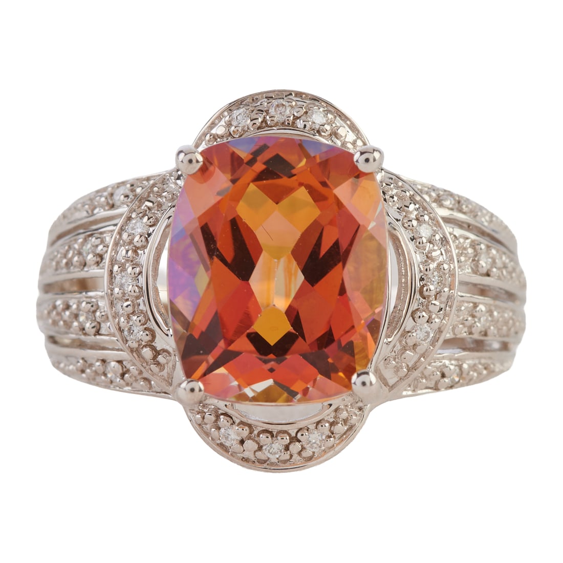 Treated Stone, Diamond, 14k White Gold Ring. Featuring one cushion-cut rainbow colored treated stone (1 of 4)