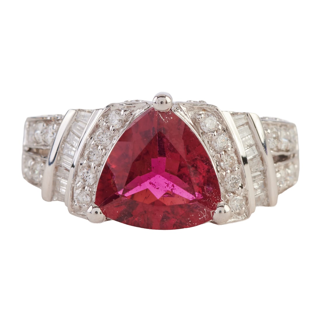 Rubellite Tourmaline, Diamond, 14k White Gold Ring. Featuring one triangular-cut rubellite (1 of 4)