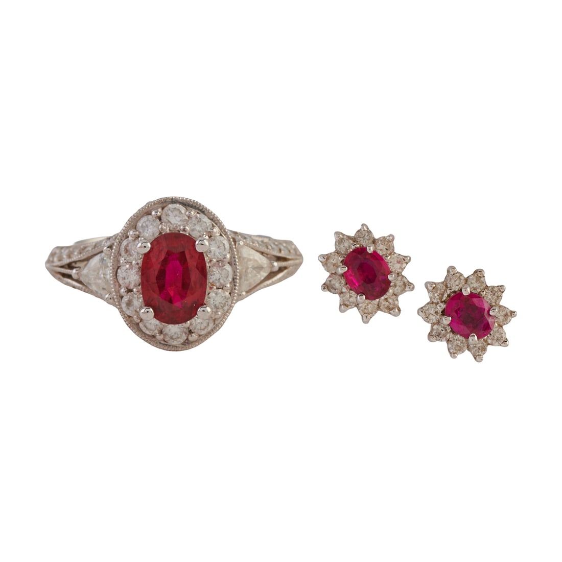 Ruby, Diamond, 18k White Gold Jewelry Suite. Including one oval-cut ruby weighing approximately 1.15 (1 of 8)