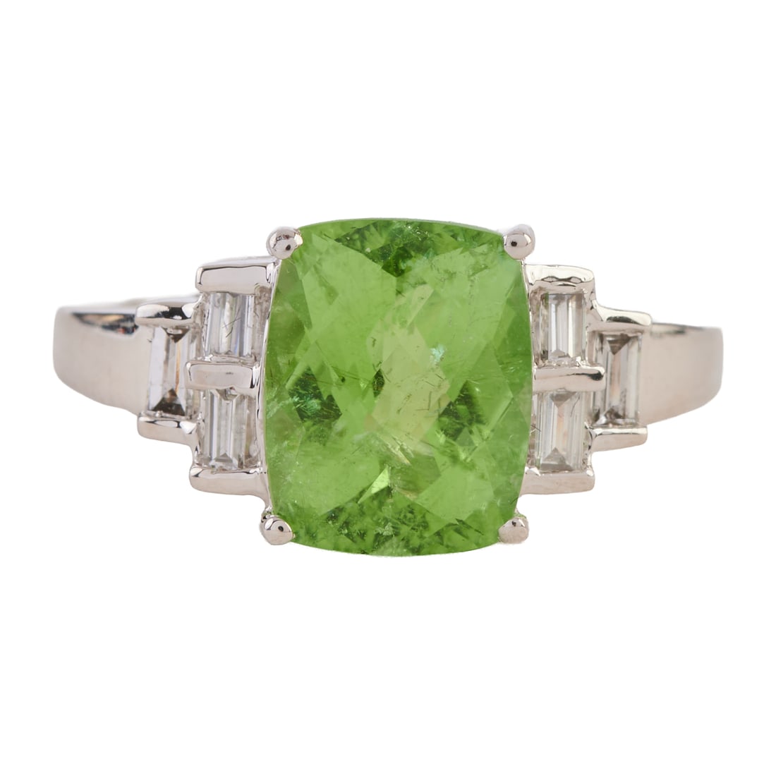 Green Tourmaline, Diamond, 14k White Gold Ring. Featuring one rectangular shaped, faceted-top green (1 of 4)