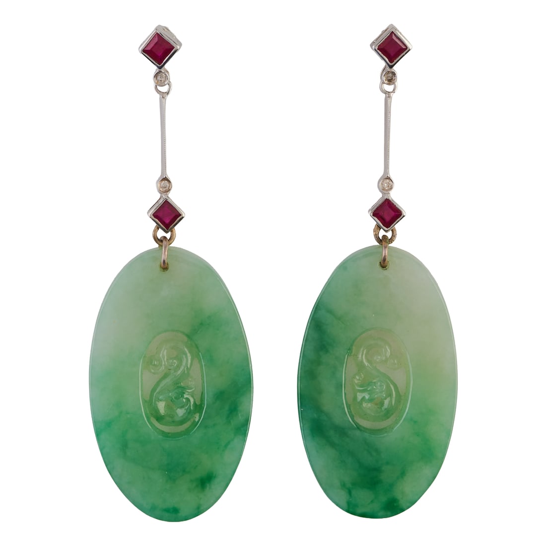 Pair of Jadeite Jade, Ruby, Diamond, 14k White Gold Earrings. Each featuring one oval shaped carved (1 of 3)