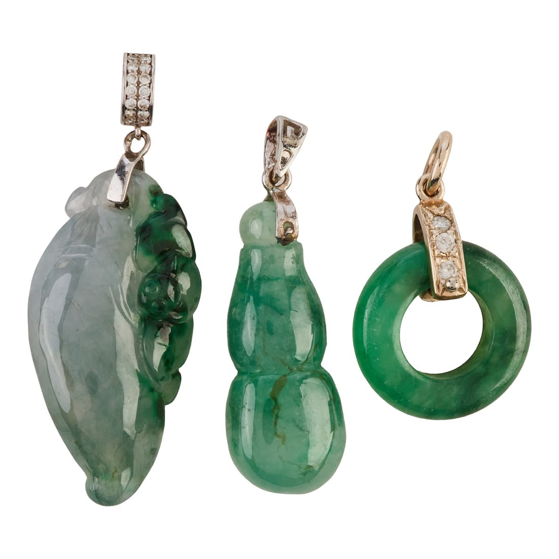 Collection of Three Jadeite Jade, Diamond, Silver, 14k White Gold Pendants. Including one carved: Collection of Three Jadeite Jade, Diamond, Silver, 14k White Gold Pendants. Including one carved jadeite jade ring, diamond, 14k white gold pendant measuring approximately 23 x 17 mm; one carved jadei