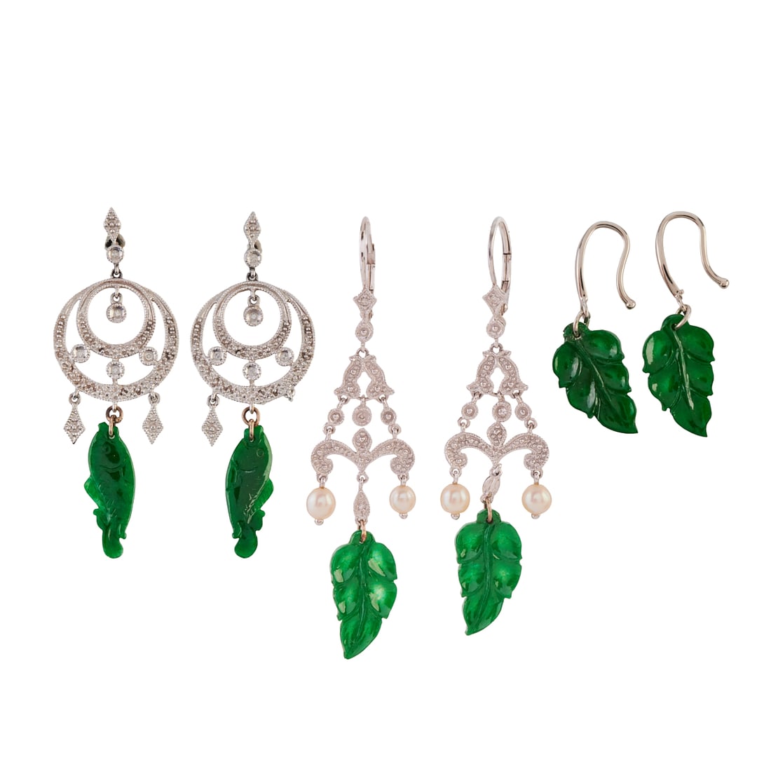 Collection of Three Pairs of Jade, Diamond, Cultured Pearl, 14k White Gold Earrings. Including one (1 of 7)