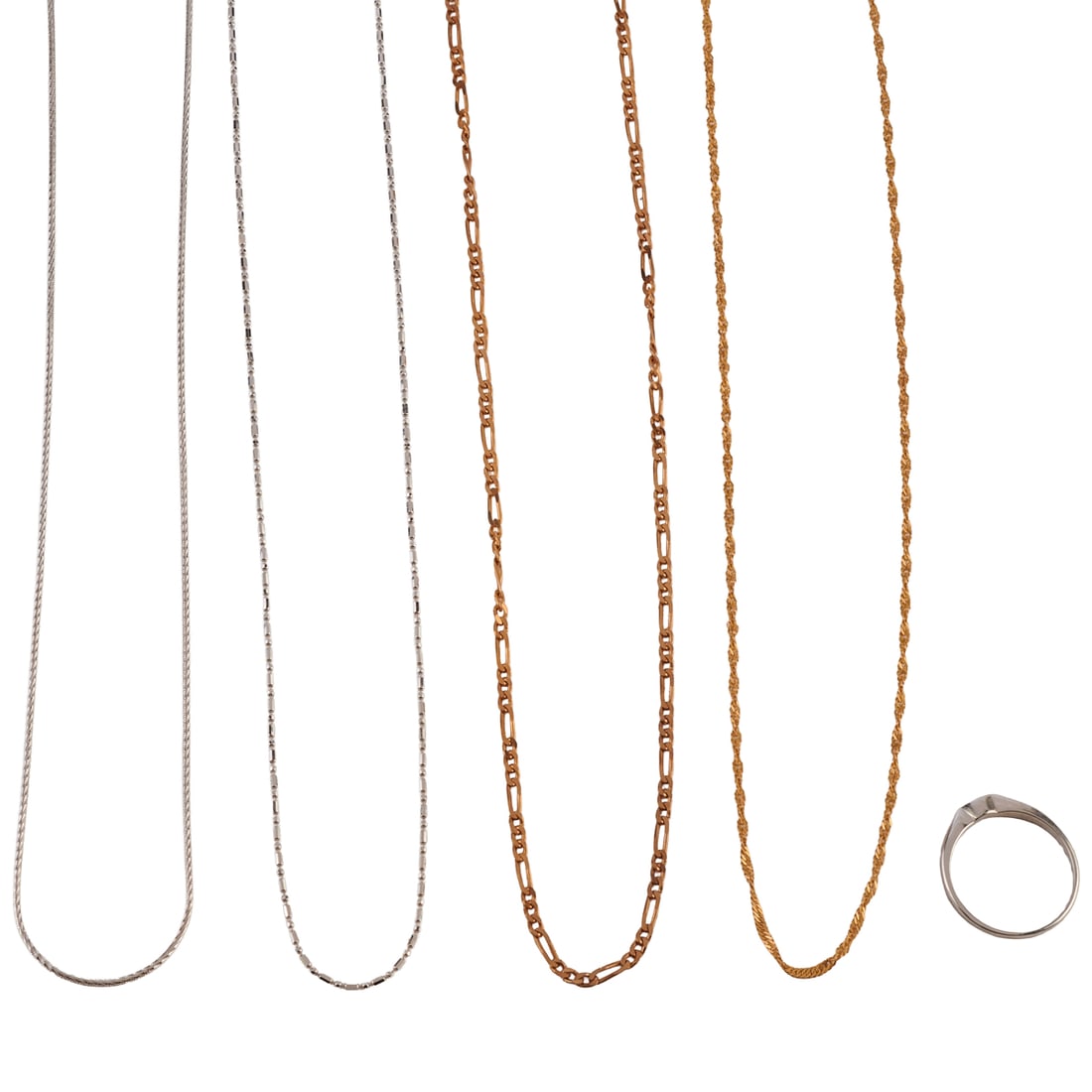 Collection of Four 14k Yellow and White Gold Chains and One 14k White Gold Band. Including one 14k (1 of 5)