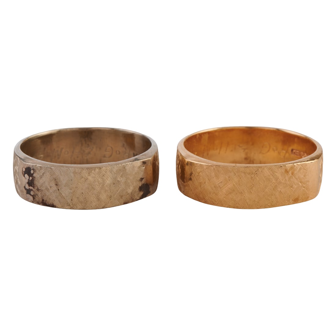 Two Matching 14k Yellow and White Gold Bands. Including one 14k yellow gold florentine textured,: Two Matching 14k Yellow and White Gold Bands. Including one 14k yellow gold florentine textured, slightly squared band measuring approximately 6 mm in width, size 8 together with a matching 14k white 