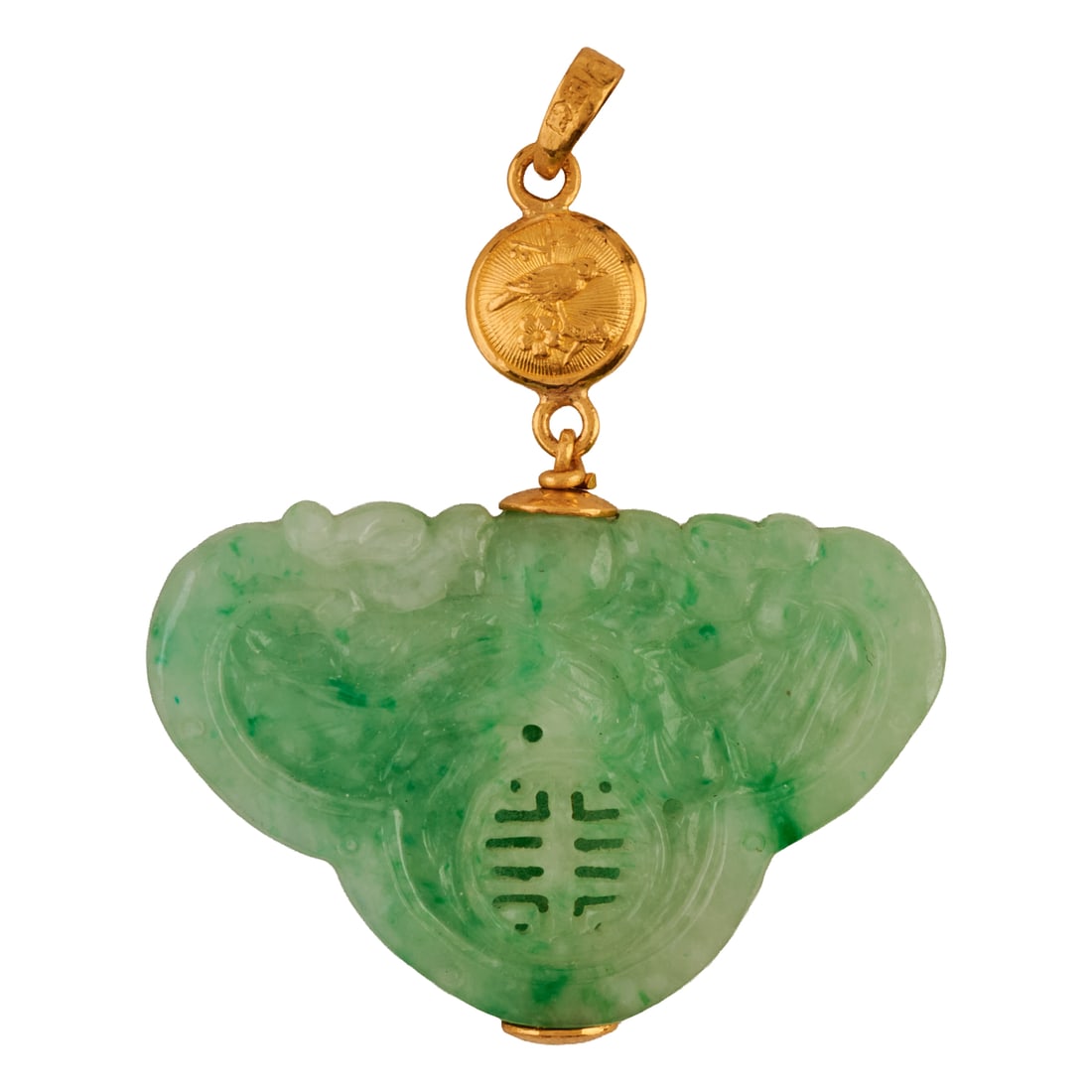 Carved Jade, 24k Yellow Gold Pendant. Featuring one carved jade pendant measuring approximately 32 x: Carved Jade, 24k Yellow Gold Pendant. Featuring one carved jade pendant measuring approximately 32 x 48 x 9 mm, completed by a 24k yellow gold bail. {Gross Weight: 18.3 dwts}