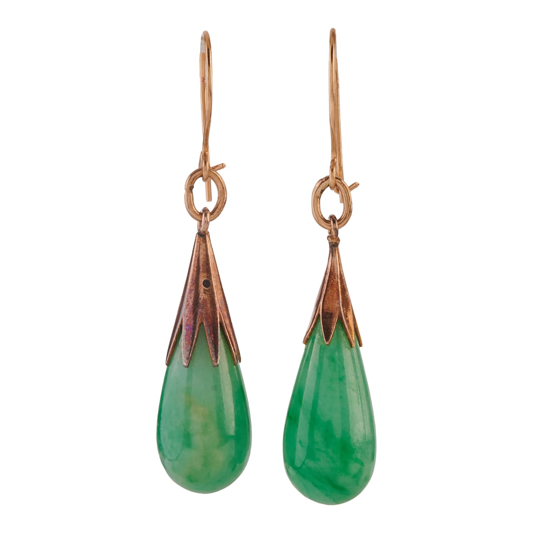 Pair of Jade, 14k Yellow Gold Drop Earrings. Each featuring one jadeite jade drop measuring (1 of 2)