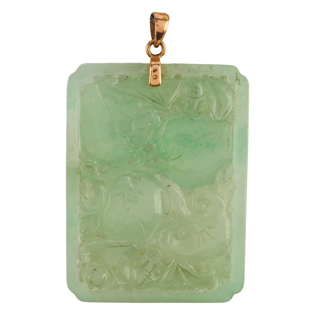 Carved Jadeite Jade, 14k Yellow Gold Pendant. Featuring one rectangular carved jadeite jade plaque (1 of 2)