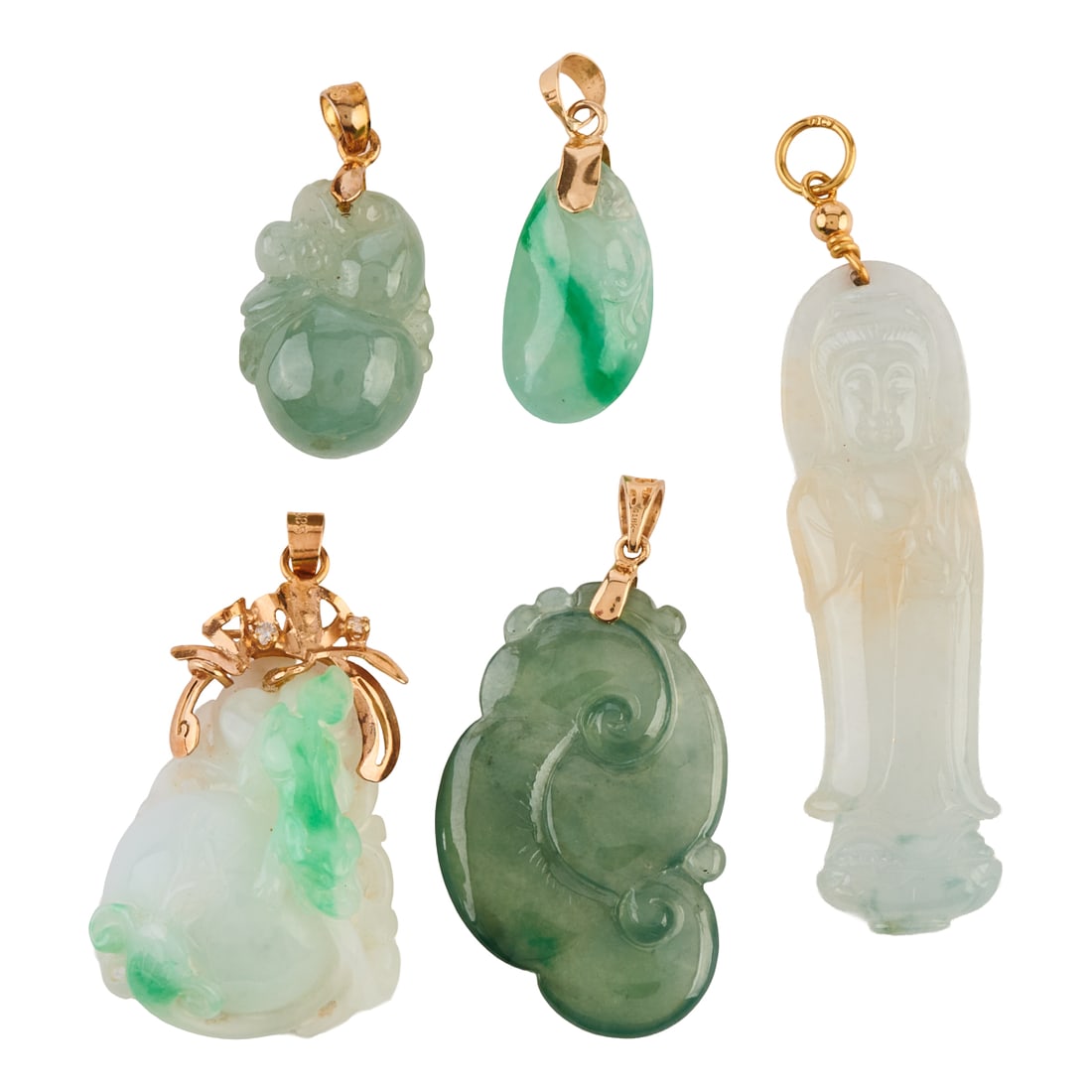 Collection of Five Jade, Diamond, Yellow Gold, Vermeil Pendants. Including one jadeite jade Guanyin,: Collection of Five Jade, Diamond, Yellow Gold, Vermeil Pendants. Including one jadeite jade Guanyin, 18k yellow gold pendant measuring approximately 55 x 13 mm; one carved jadeite jade, 18k yellow gol