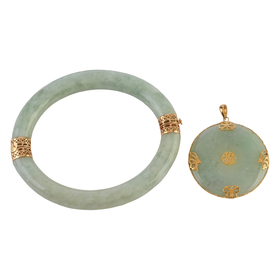 Jade, 14k Yellow Gold Jewelry Suite. Including one jade, 14k yellow gold hinged bangle bracelet: Jade, 14k Yellow Gold Jewelry Suite. Including one jade, 14k yellow gold hinged bangle bracelet measuring approximately 9 mm in width and with an internal diameter of approximately 58 mm together with