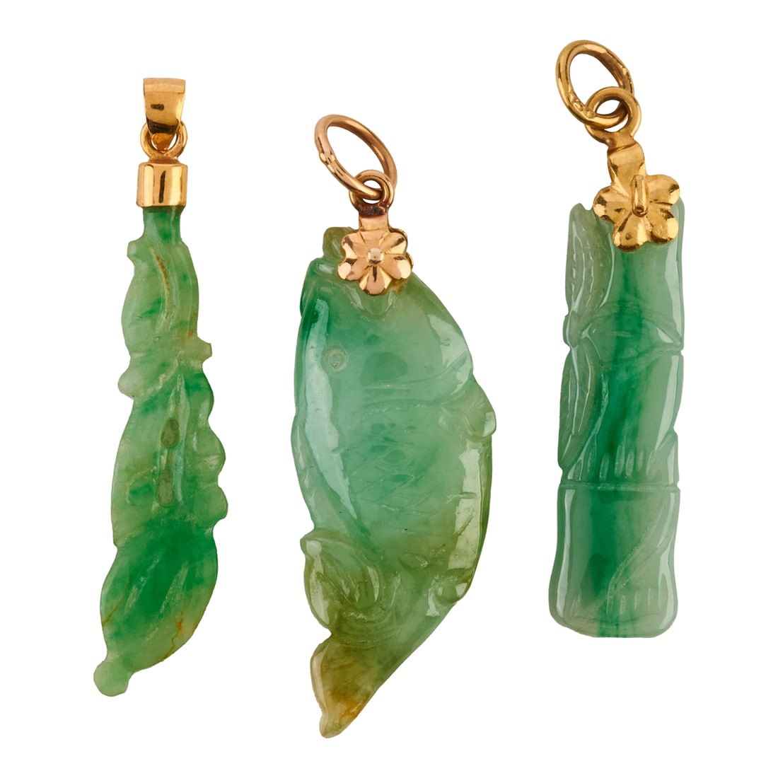 Collection of Three Carved Jade, 18k Yellow Gold Pendants. Including one carved jadeite jade brush, (1 of 2)