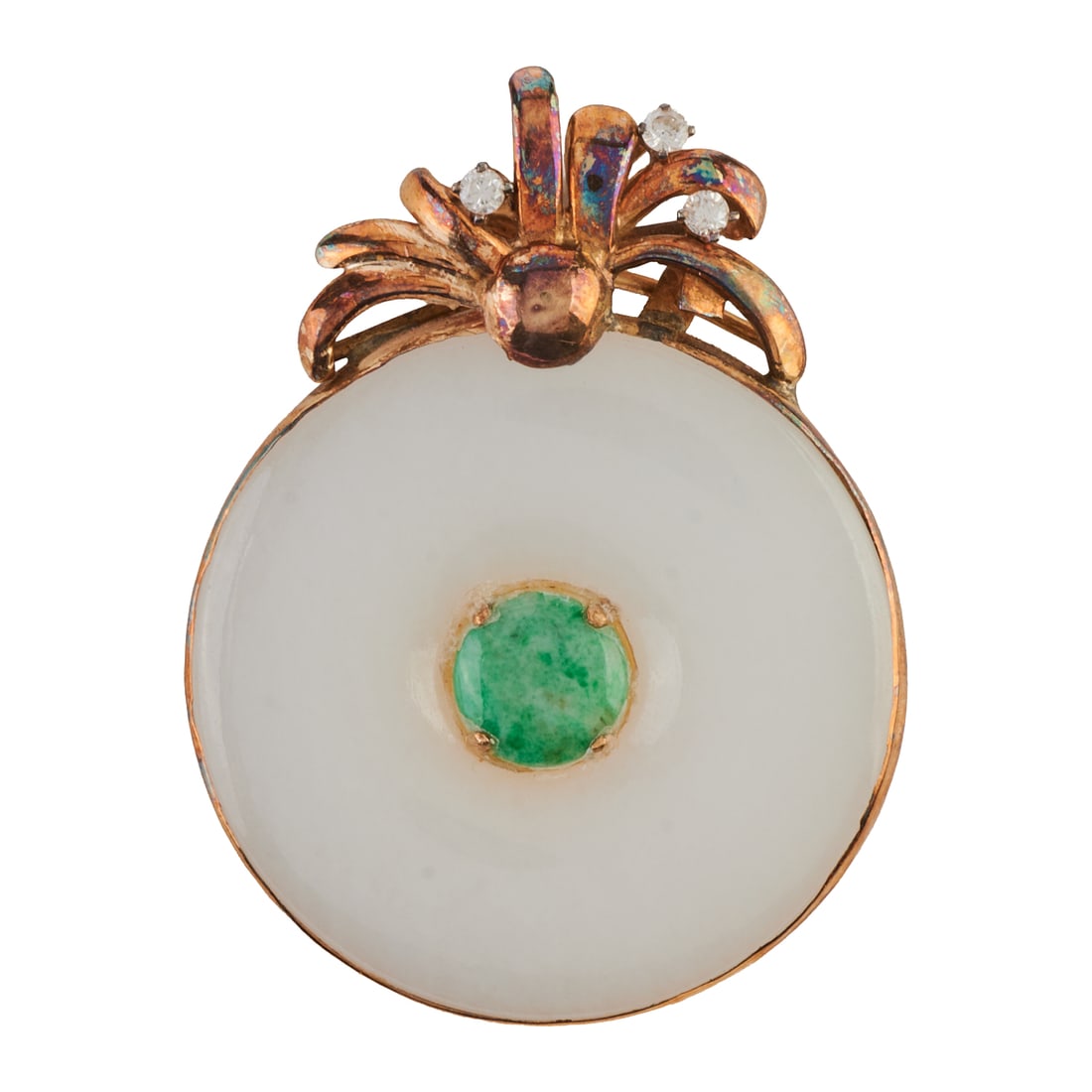 Jade, Diamond, 14k Yellow Gold Pendant. Centering one round green jade cabochon, accented by a white (1 of 2)