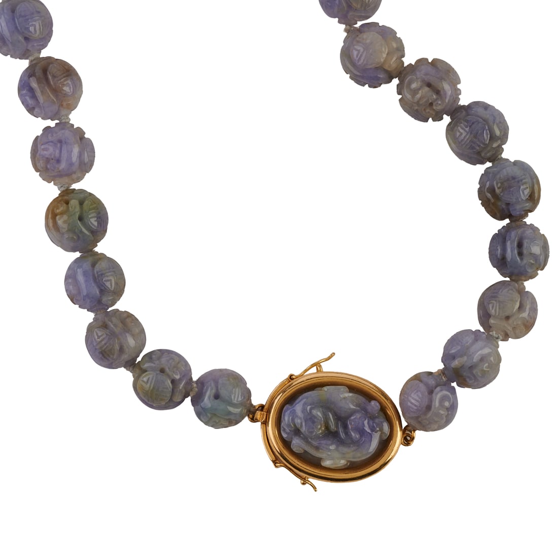 Carved Lavender Jade Bead, 18k Yellow Gold Necklace. Comprised of thirty-five carved lavender jade (1 of 4)
