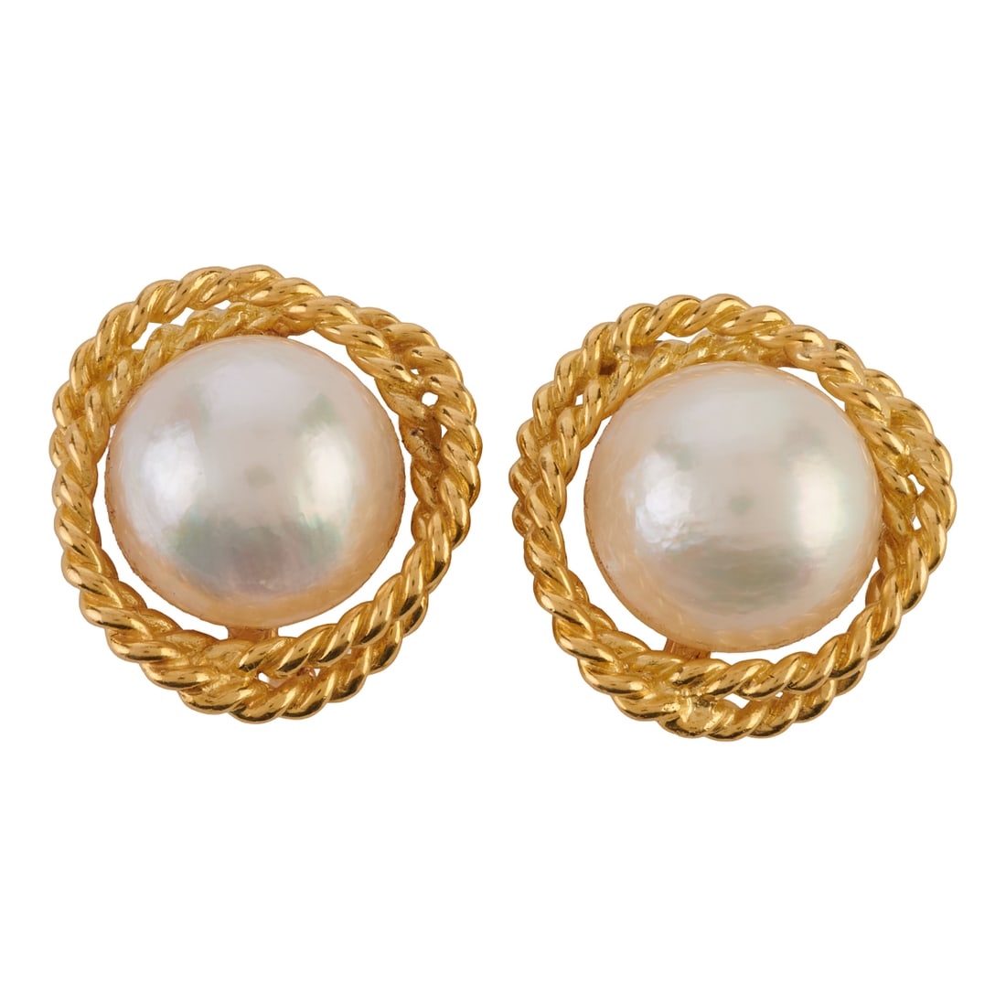 Pair of Gump's Mabe Cultured Pearl, 18k Yellow Gold Earrings. Each featuring one round mabe cultured (1 of 4)