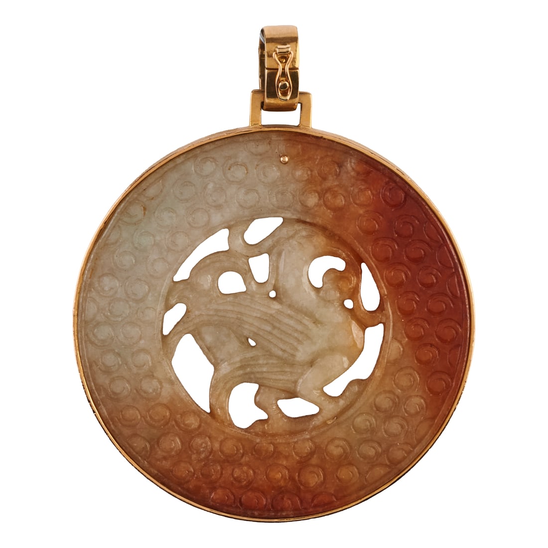 Carved Jade, 14k Yellow Gold Circle Pendant Enhancer. Featuring a carved multicolored jade circle: Carved Jade, 14k Yellow Gold Circle Pendant Enhancer. Featuring a carved multicolored jade circle pendant depicting a mythical bird, framed in a 14k yellow gold mounting, completed by a pendant enhanc