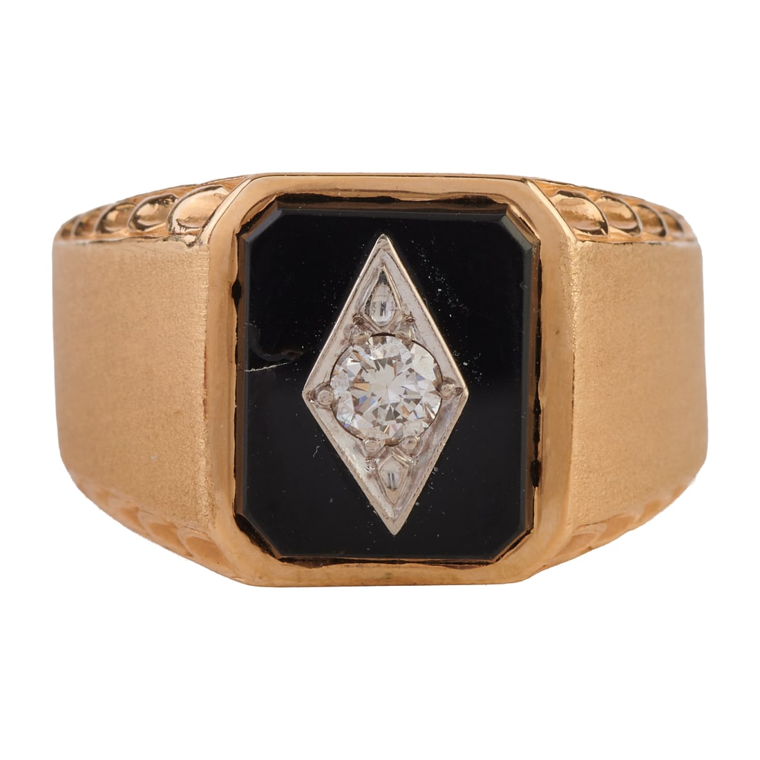 Men's Diamond, Black Onyx, 14k Yellow Gold Ring. Centering one full-cut diamond weighing: Men's Diamond, Black Onyx, 14k Yellow Gold Ring. Centering one full-cut diamond weighing approximately 0.15 ct., set atop a black onyx tablet, set in a 14k yellow gold mounting. {Size: 8 3/4, Gross We