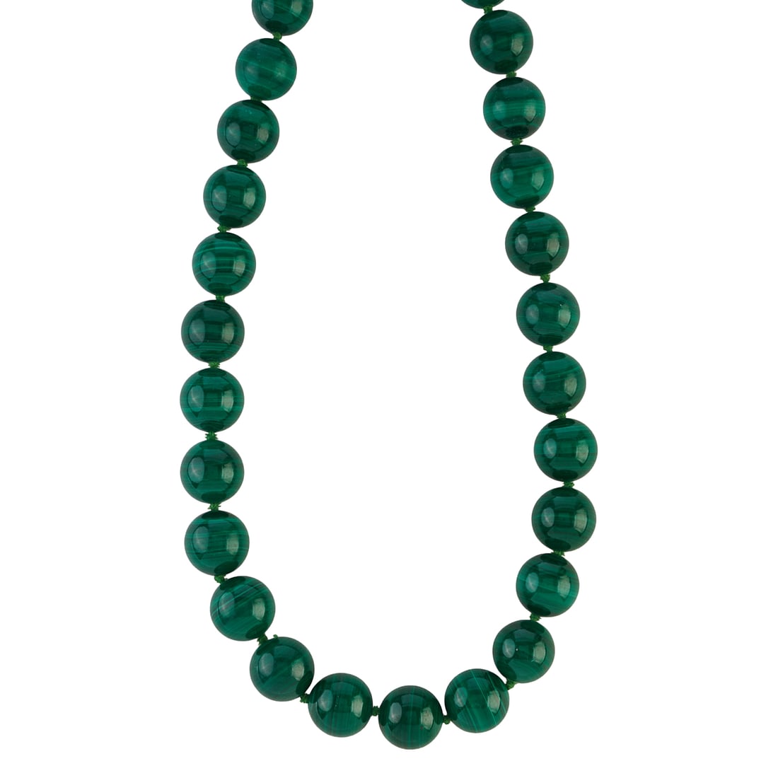 Gump's Malachite, 14k Yellow Gold Necklace. Comprised of twenty-nine round malachite beads measuring (1 of 4)