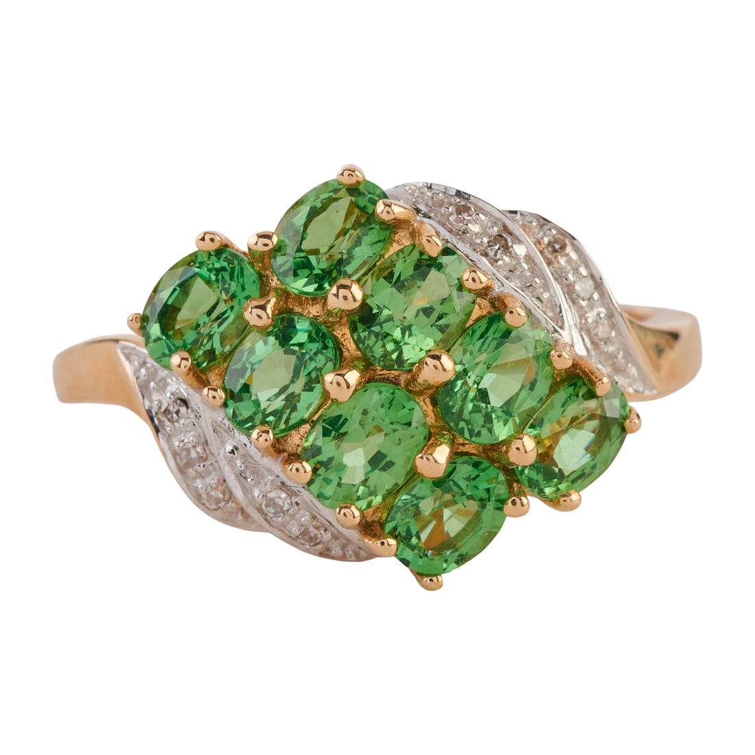 Green Garnet, Diamond, 14k Yellow Gold Ring. Featuring eight oval-cut green garnets, accented by ten (1 of 4)