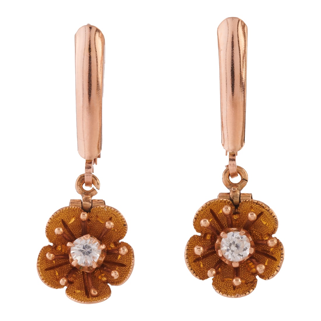 Pair of Colorless Topaz, 14k Yellow and Rose Gold Earrings. Each featuring one old round-cut (1 of 4)