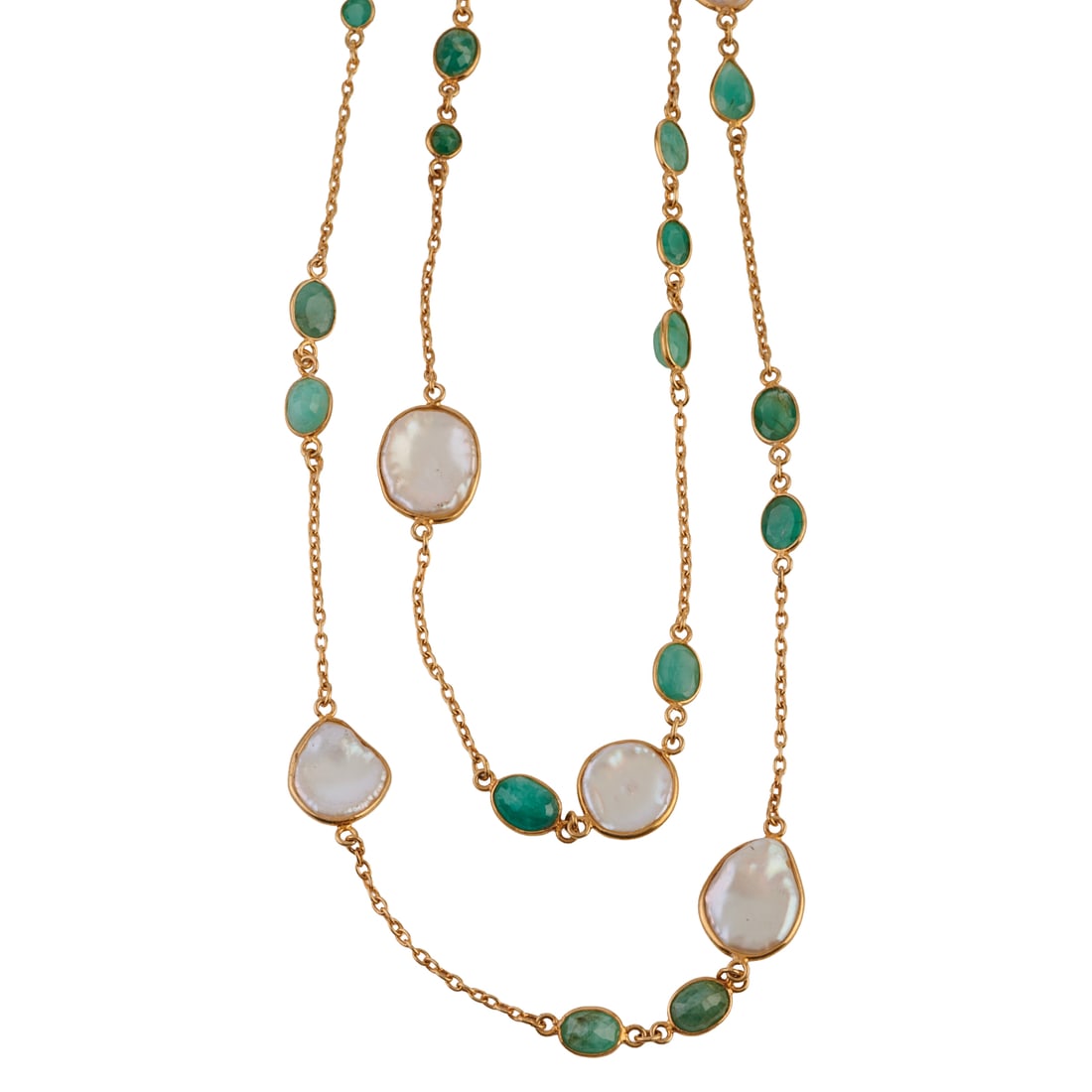 Cultured Pearl, Chrysoprase, Vermeil Necklace. Featuring nine cornflake cultured pearls, accented by: Cultured Pearl, Chrysoprase, Vermeil Necklace. Featuring nine cornflake cultured pearls, accented by twenty-four oval-cut and round-cut chrysoprase, bezel set and linked by vermeil chain, completed