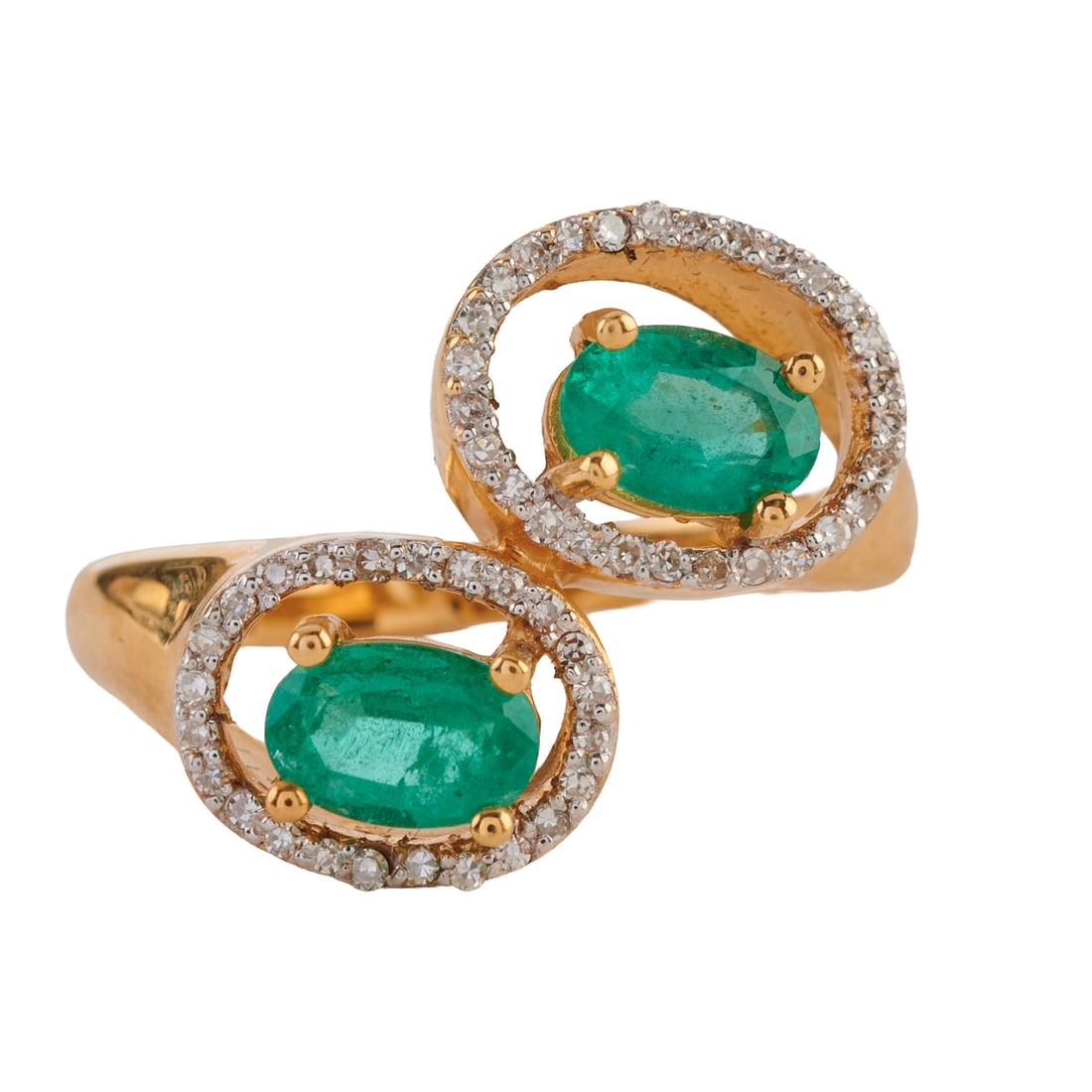 Emerald, Diamond, 18k Yellow Gold Ring. Featuring two oval-cut emeralds weighing a total of: Emerald, Diamond, 18k Yellow Gold Ring. Featuring two oval-cut emeralds weighing a total of approximately 0.80 cttw., accented by single-cut diamonds, set in an 18k yellow gold mounting. {Size: 7,