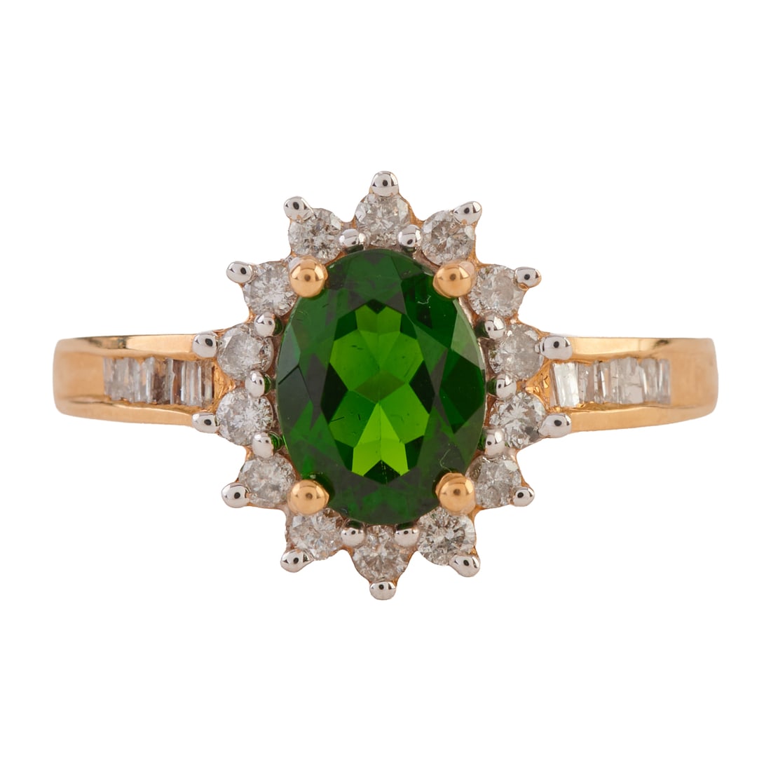 Diopside, Diamond, 14k Yellow Gold Ring. Featuring one oval-cut diopside weighing approximately 1.15: Diopside, Diamond, 14k Yellow Gold Ring. Featuring one oval-cut diopside weighing approximately 1.15 ct., accented by fourteen full-cut and twelve full-cut diamonds weighing a total of approximately
