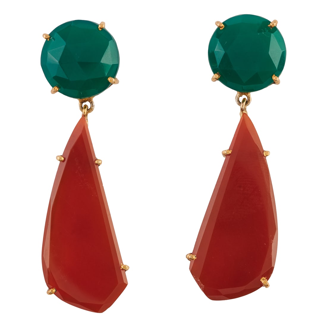 Pair of Chalcedony, Vermeil Earrings. Each featuring one round shaped, faceted-top green chalcedony,: Pair of Chalcedony, Vermeil Earrings. Each featuring one round shaped, faceted-top green chalcedony, accented by slightly faceted pear shaped carnelian tablets, set in a vermeil mounting measuring