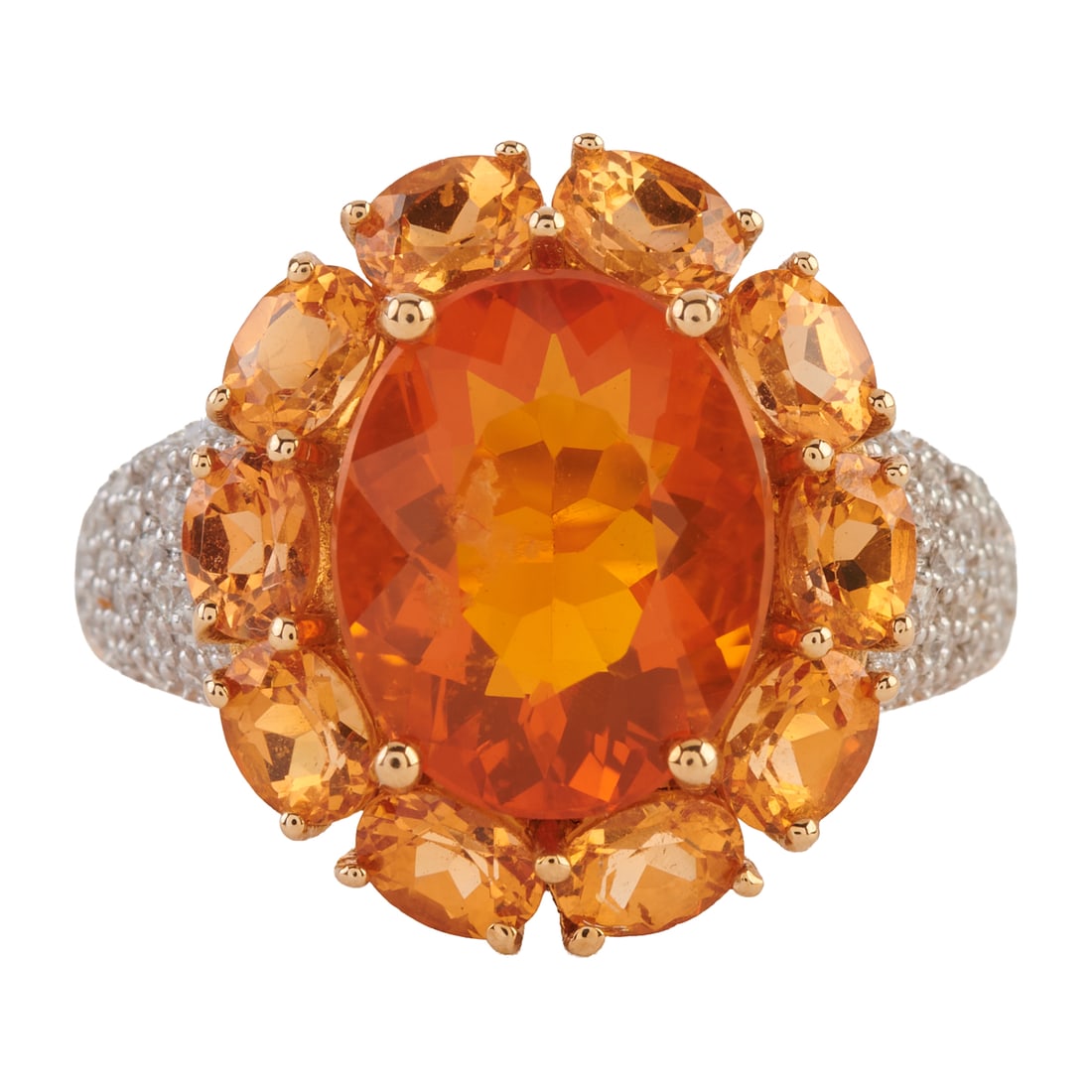 Fire Opal, Citrine, Diamond, 14k Yellow and White Gold Ring. Featuring one oval-cut fire opal: Fire Opal, Citrine, Diamond, 14k Yellow and White Gold Ring. Featuring one oval-cut fire opal weighing approximately 2.60 cts., surrounded by oval-cut citrines, accented by round-cut diamonds, set in
