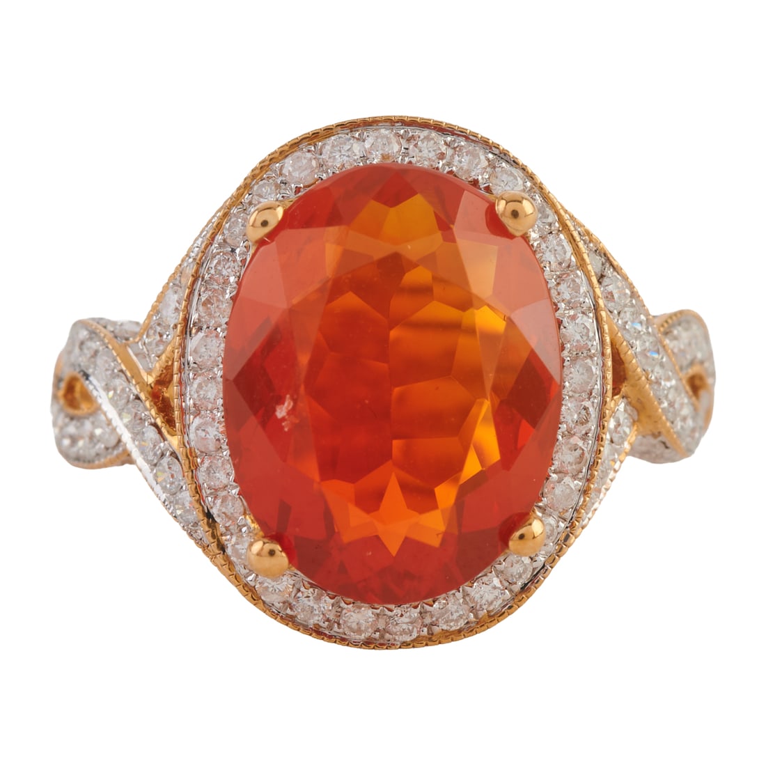 Fire Opal, Diamond, 14k Yellow Gold Ring. Featuring one oval-cut fire opal weighing approximately: Fire Opal, Diamond, 14k Yellow Gold Ring. Featuring one oval-cut fire opal weighing approximately 3.40 cts., accented by round-cut diamonds weighing a total of approximately 0.35 cttw., set in a 14k