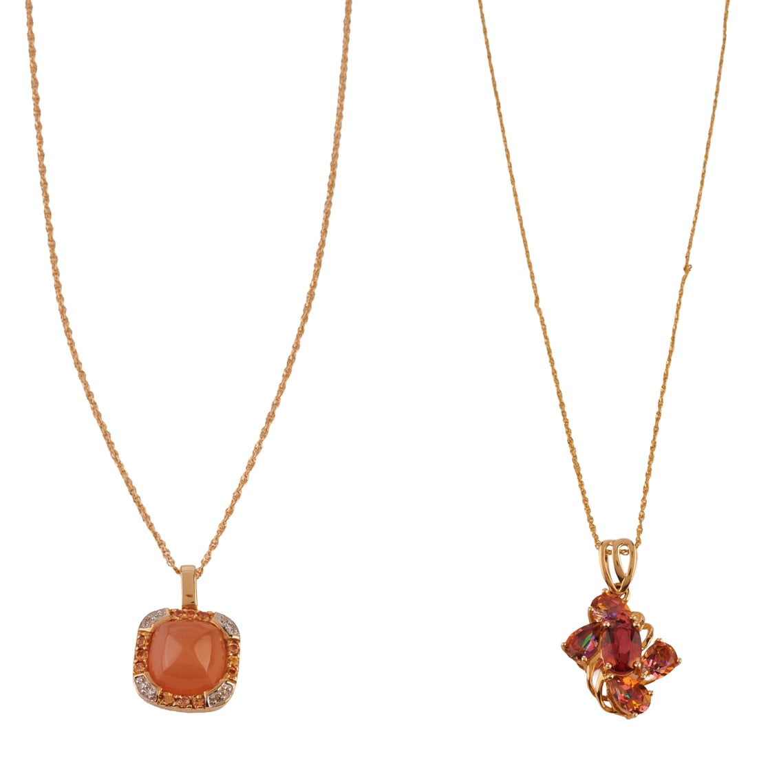 Two Treated Multi-Stone, 14k Yellow Gold Pendant Necklaces. Including one feldspar, citrine,: Two Treated Multi-Stone, 14k Yellow Gold Pendant Necklaces. Including one feldspar, citrine, diamond, 14k yellow gold 24 inch necklace together with one treated stone, 14k yellow gold 17 inch