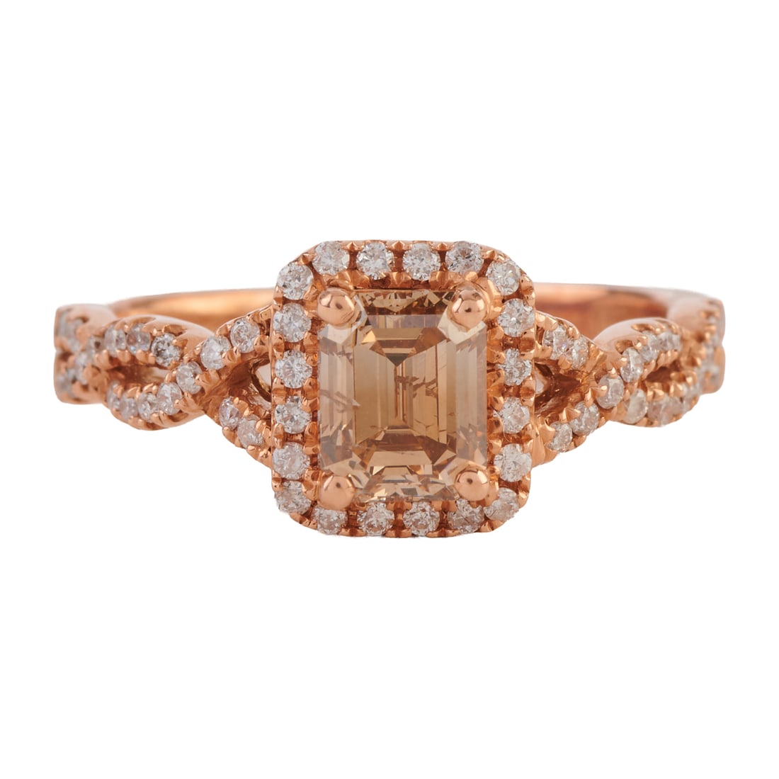 Canary Star Brown Diamond, Diamond, 14k Rose Gold Ring. Featuring one emerald-cut brown diamond: Canary Star Brown Diamond, Diamond, 14k Rose Gold Ring. Featuring one emerald-cut brown diamond weighing approximately 1.00 ct., accented by full-cut diamonds weighing a total of approximately 0.20
