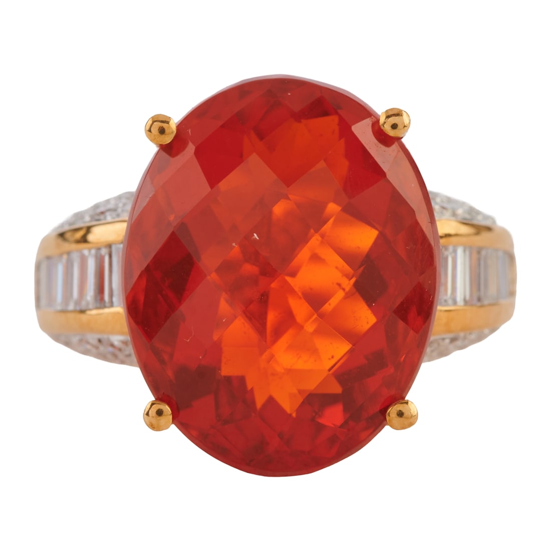 Fire Opal, Diamond, 18k Yellow Gold Ring. Featuring one oval shaped, faceted-top fire opal weighing (1 of 5)
