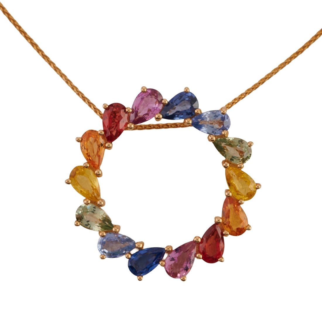 Multicolored Sapphire, 14k Yellow Gold Pendant Necklace. Featuring fourteen pear-cut multicolored: Multicolored Sapphire, 14k Yellow Gold Pendant Necklace. Featuring fourteen pear-cut multicolored sapphires, set in a 14k yellow gold circle mounting measuring approximately 23 mm, suspended from a