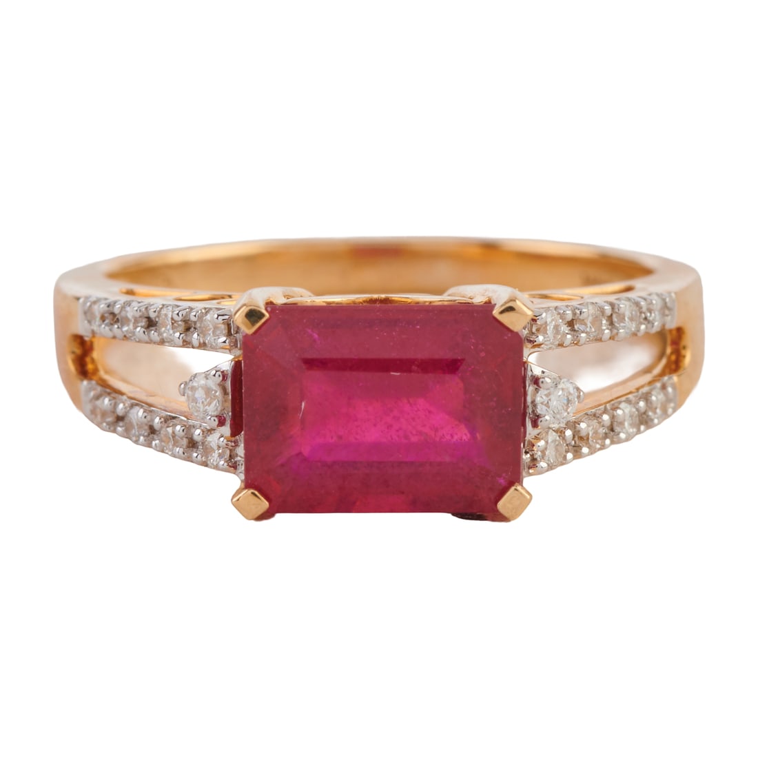 Ruby, Diamond, 14k Yellow Gold Ring. Featuring one emerald-cut ruby weighing approximately 2.00 (1 of 4)
