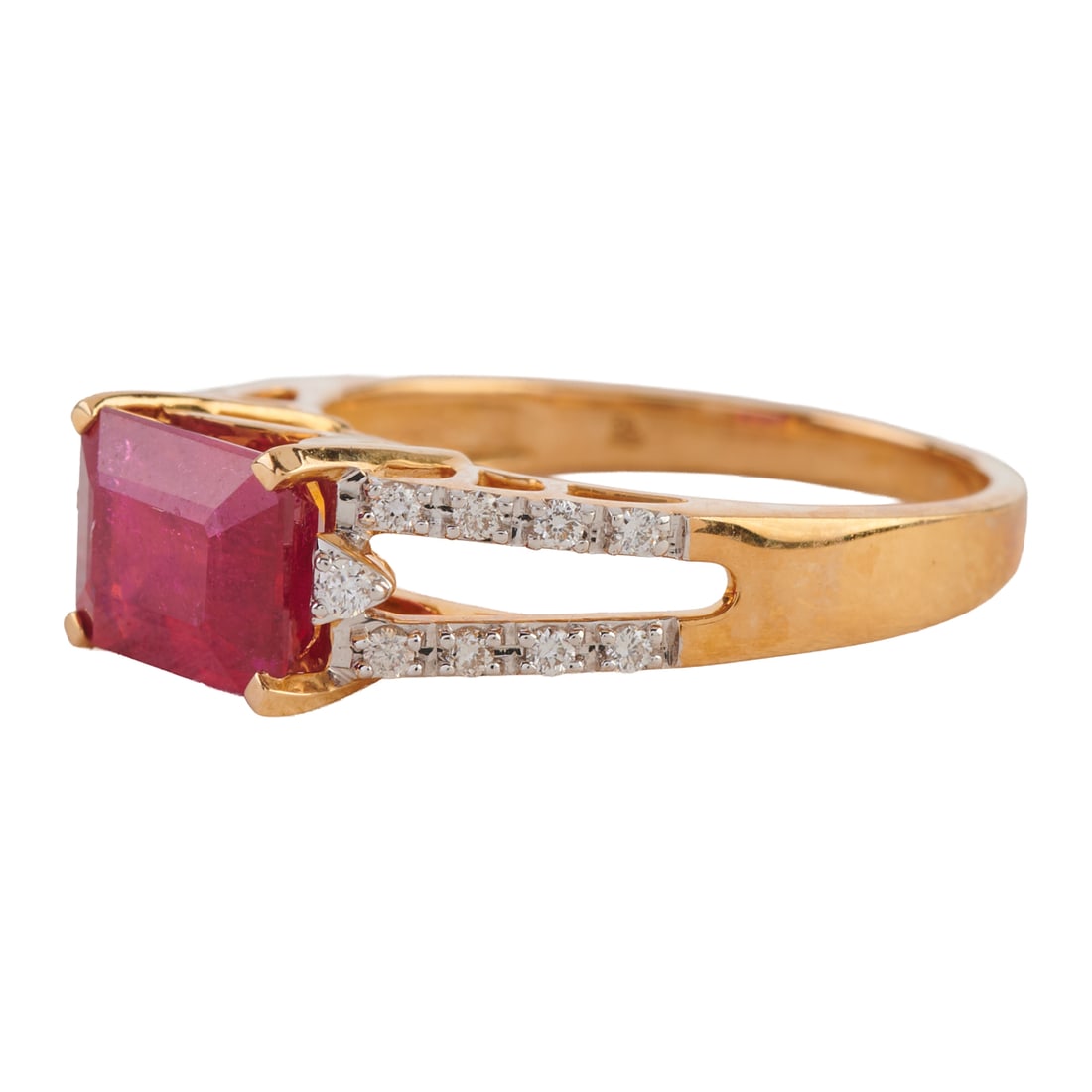 Ruby, Diamond, 14k Yellow Gold Ring. Featuring one emerald-cut ruby weighing approximately 2.00 - 2
