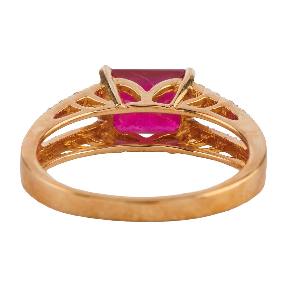 Ruby, Diamond, 14k Yellow Gold Ring. Featuring one emerald-cut ruby weighing approximately 2.00 - 3