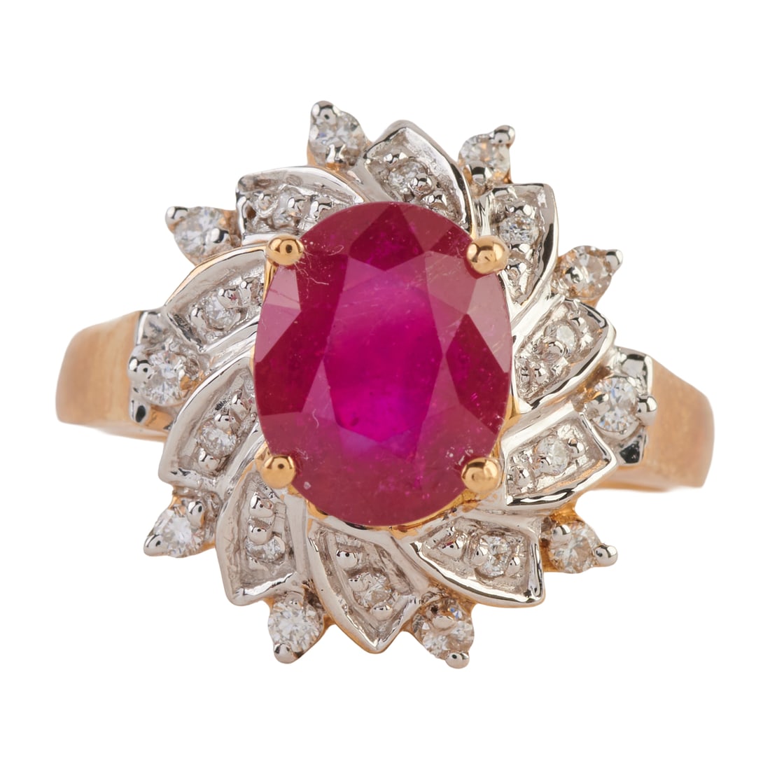 Ruby, Diamond, 14k Yellow and White Gold Ring. Featuring one oval-cut ruby weighing approximately (1 of 4)