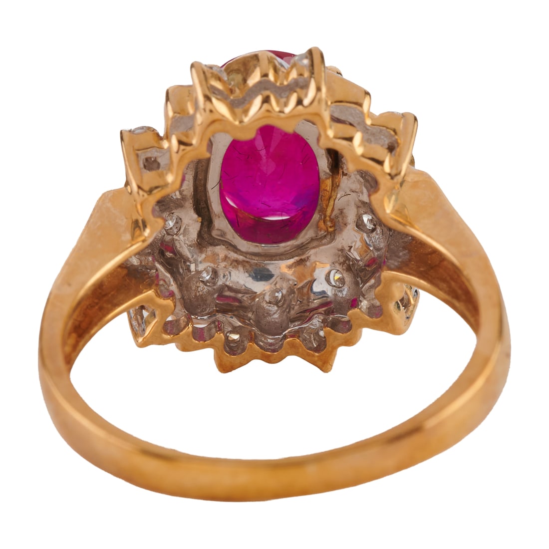 Ruby, Diamond, 14k Yellow and White Gold Ring. Featuring one oval-cut ruby weighing approximately - 3