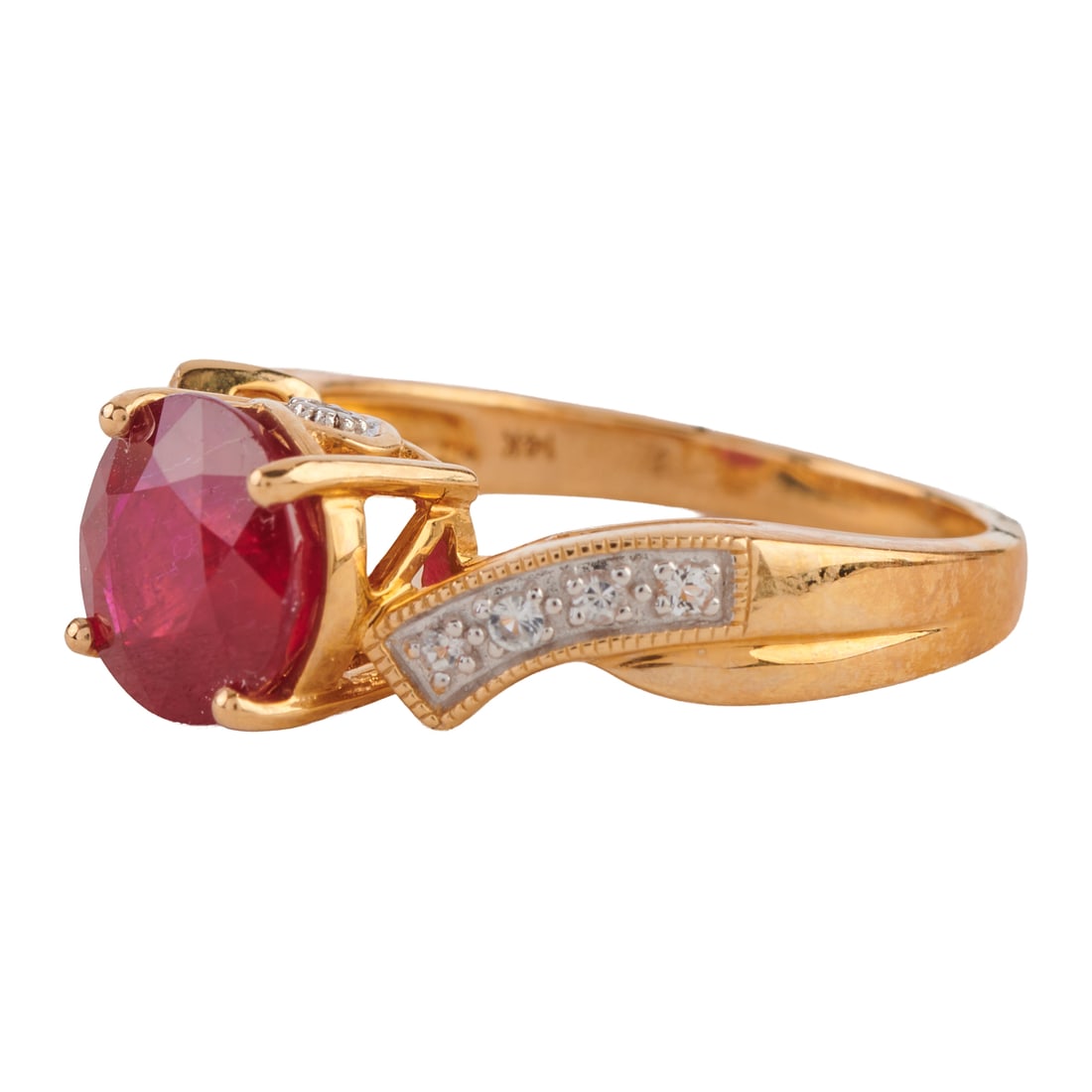Ruby, Colorless Topaz, 14k Yellow Gold Ring. Featuring one round-cut ruby weighing approximately - 2