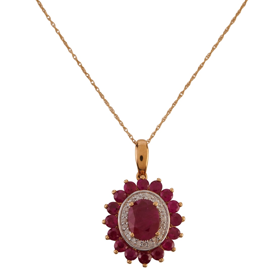 Ruby, Diamond, 14k Yellow Gold Pendant Necklace. Centering one oval-cut ruby, accented by sixteen: Ruby, Diamond, 14k Yellow Gold Pendant Necklace. Centering one oval-cut ruby, accented by sixteen round-cut rubies, further enhanced by round-cut diamonds, set in a 14k yellow gold mounting measuring