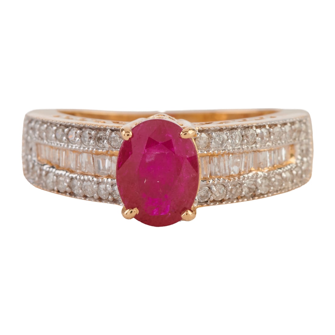 Ruby, Diamond, 14k Yellow Gold Ring. Featuring one oval-cut ruby weighing approximately 1.10 ct., (1 of 4)