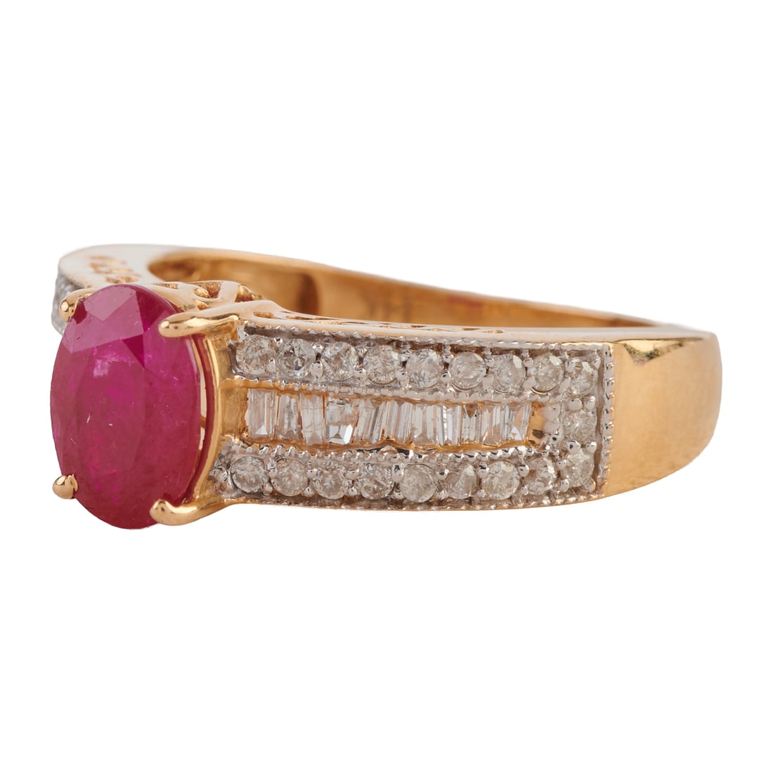 Ruby, Diamond, 14k Yellow Gold Ring. Featuring one oval-cut ruby weighing approximately 1.10 ct., - 2