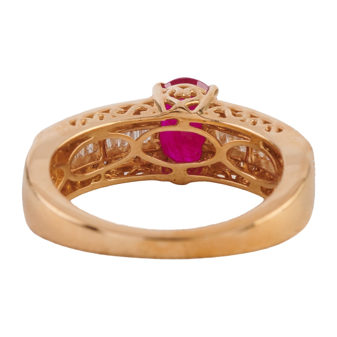Ruby, Diamond, 14k Yellow Gold Ring. Featuring one oval-cut ruby weighing approximately 1.10 ct., - 3