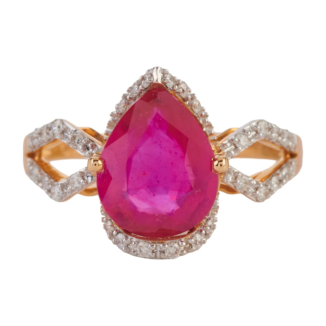 Synthetic Ruby, Diamond, 14k Yellow Gold Ring. Featuring one pear-cut synthetic ruby weighing: Synthetic Ruby, Diamond, 14k Yellow Gold Ring. Featuring one pear-cut synthetic ruby weighing approximately 2.20 cts., accented by twenty-eight full-cut diamonds weighing a total of approximately 0.10