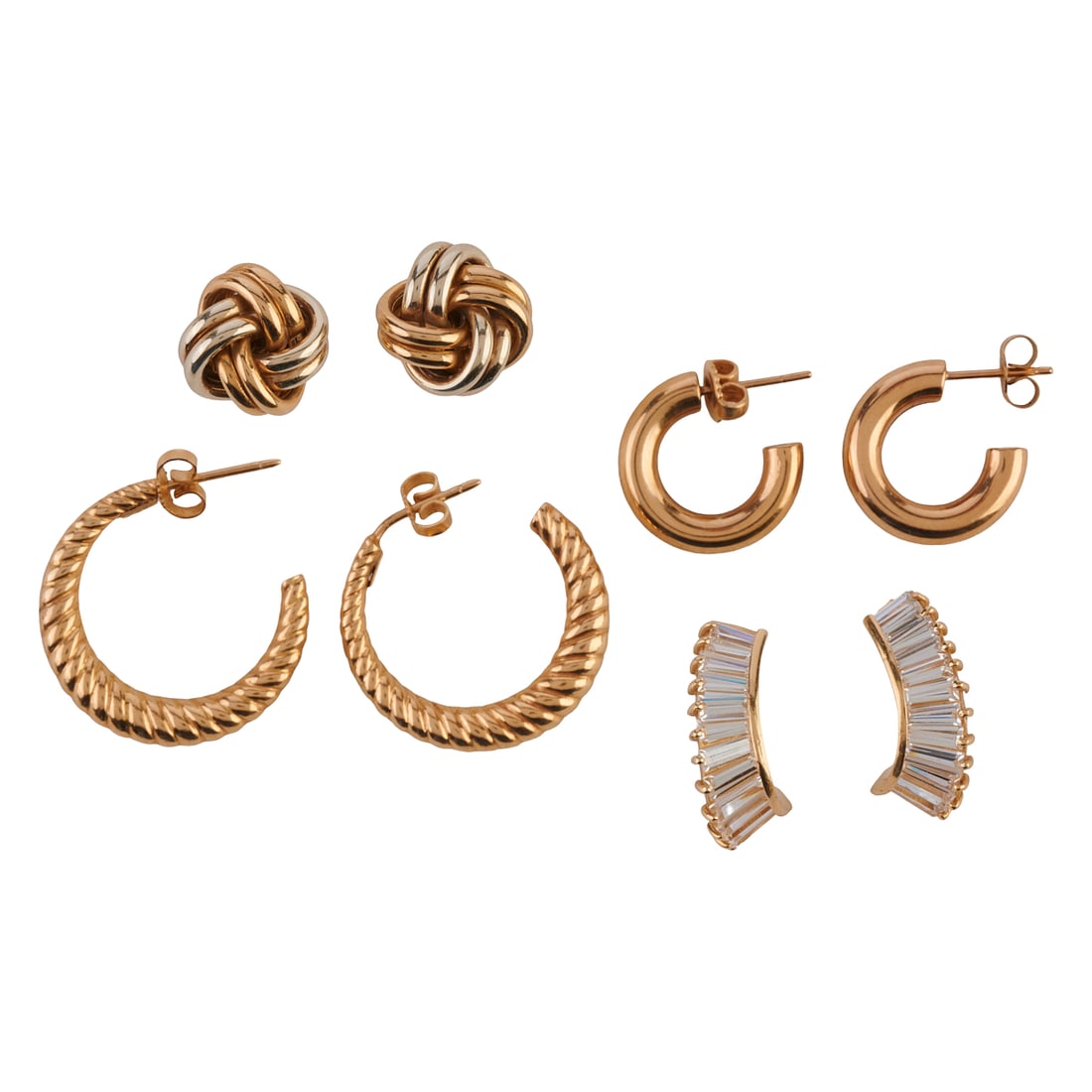Collection of Four Pairs of CZ, 14k Yellow Gold Earrings. Including one pair of cubic zirconia, 14k: Collection of Four Pairs of CZ, 14k Yellow Gold Earrings. Including one pair of cubic zirconia, 14k yellow gold curved earrings measuring approximately 19 x 10 mm; one pair of 14k yellow gold fluted